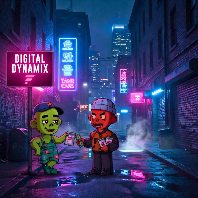 A neon-lit cyberpunk alleyway scene features two cartoon characters exchanging items—a green-skinned figure in overalls giving a card or device to a red-skinned character—under a 'DIGITAL DYNAMIX' sign and various glowing Korean-style signage.