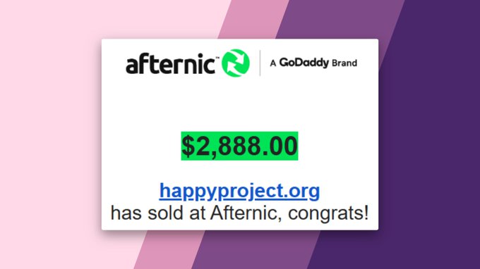 An Afternic (GoDaddy Brand) announcement showing that the domain 'happyproject.org' has sold for $2,888.00.
