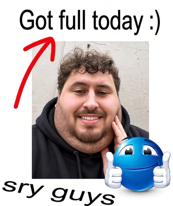 A selfie of a curly-haired, bearded man in a black hoodie with text reading "Got full today :)" at the top and "sry guys" at the bottom, accompanied by a thumbs-up emoji — humorously matching the post about being too busy eating to respond.