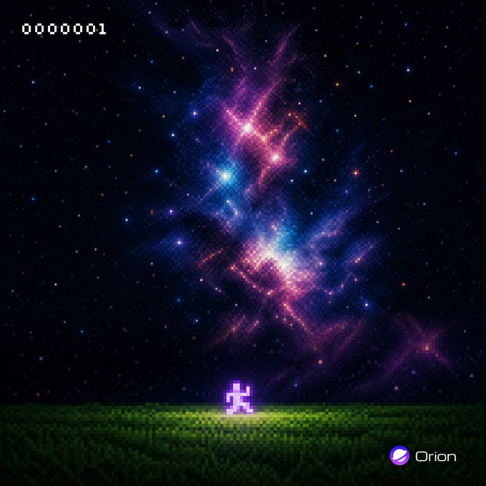 A pixelated white astronaut figure stands on a grassy horizon beneath a vibrant, star-filled nebula of pink, purple, and blue, with a score counter "0000001" displayed in the top-left corner. The "Orion" logo in the bottom-right ties the cosmic explorer imagery to the brand's partnership with BNB Chain, symbolizing adventure into the unknown.