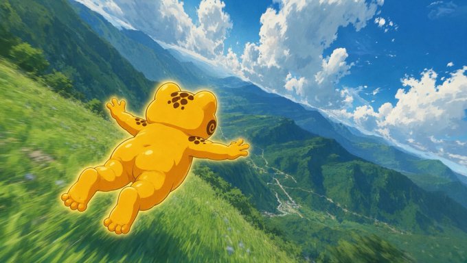 A glowing golden humanoid frog figure soars through the air against a breathtaking mountain and valley landscape with dramatic clouds. The serene, soaring pose of the mascot visually echoes the post's description of an unshakable, uplifting resonance and "gut feeling" tied to the $JIN project's rebrand art.