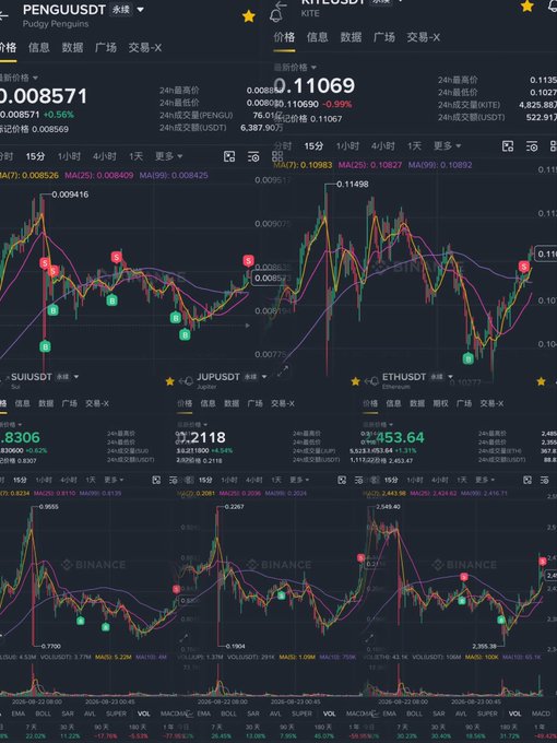 A cryptocurrency trading interface on Binance showing charts for PENGU/USDT, RUNE/USDT, SUI/USDT, JUP/USDT, and ETH/USDT with green and red price movements.