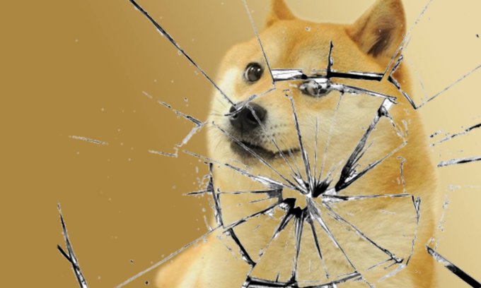 A Shiba Inu dog peers through a shattered glass effect against a warm yellow background, visually reinforcing the crypto community vibe for the "WooF Weekly Megaspace" $DOGE Thursday gathering with its playful, meme-worthy energy.