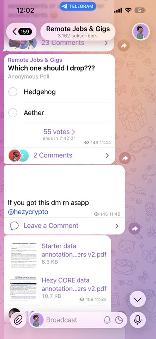 A screenshot of a Telegram channel called "Remote Jobs & Gigs" (3,162 subscribers) showing a poll asking "Which one should I drop??" between "Hedgehog" and "Aether" with 55 votes, alongside shared files including "Starter data annotation...ers v2.pdf" and "Hezy CORE data annotation...ers v2.pdf." The post relates to the channel by showcasing the community engagement through the poll and the shared assessment files, reinforcing the user's offer of free updated Hedgehog and Aether assessments.