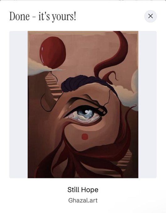 A digital illustration titled "Still Hope" by Ghazal.art, depicting a surreal portrait with a large eye, a small red mouth, and red hair against a brown background with a balloon.