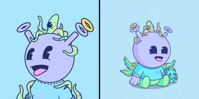 Two views of a cute purple cartoon creature with tentacle-like green hair and antennae, shown as a close-up portrait on the left and a full-body sitting pose on the right wearing a blue shirt.