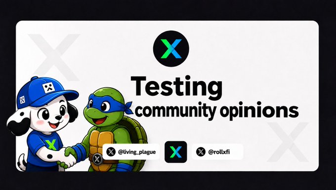 A promotional graphic reading 'Testing community opinions' featuring cartoon mascots (a dog in a cap and a Teenage Mutant Ninja Turtle) with social media handles '@living_plague' and '@rollxfi'.