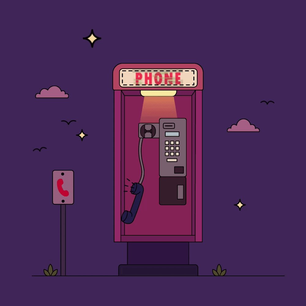 The image features a pink phone booth with a telephone inside of it. The phone booth has a sign that says "Phone" above it, indicating its purpose. There are also two birds visible in the scene - one near the top left corner and another closer to the center right side. A street sign is present on the left side of the image.