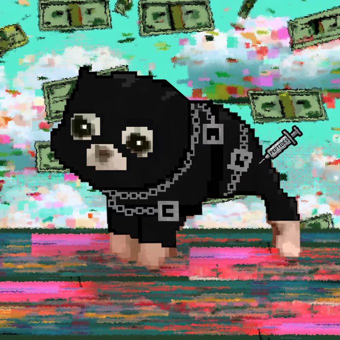 Pixel art of a black puppy or dog wearing chains and a collar with a 'PEPTO' syringe nearby, set against a colorful abstract background with green dollar bill-like shapes floating in the sky.