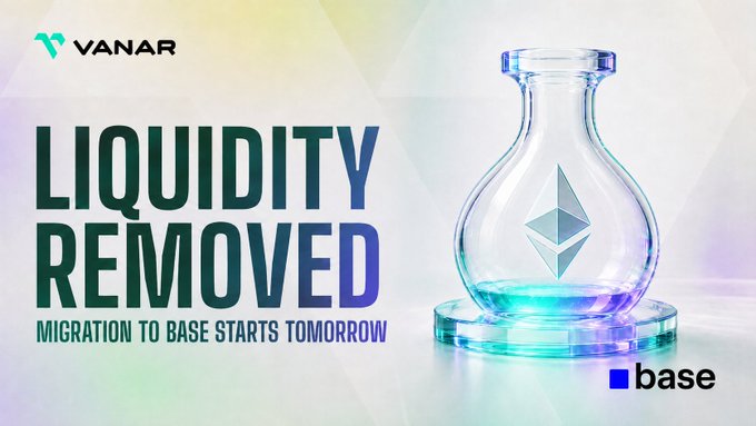 A promotional graphic from Vanar (VANRY) announcing "LIQUIDITY REMOVED" with the subheading "MIGRATION TO BASE STARTS TOMORROW," featuring a glass flask containing the Ethereum logo alongside the Base network branding, visually representing the removal of Ethereum DEX liquidity as part of the planned migration to the Base network.