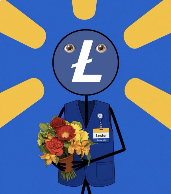 The illustration shows a Walmart mascot character—head shaped like a gear bearing the "L" Litecoin symbol and eyes resembling the Litecoin logo—dressed in a blue Walmart vest with an "Associate" name tag reading "Lester," holding a bouquet of flowers against a Walmart-style sunburst background. The image creatively pairs Litecoin (LTC) with Walmart's iconic branding to humorously celebrate Litecoin's reliability with the caption "15 years of 100% uptime," framing the cryptocurrency's longevity and consistent performance as a trustworthy retail "associate."