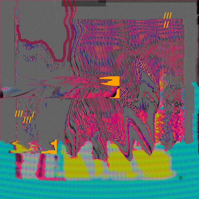 A glitchy, psychedelic digital artwork with distorted pink, yellow, and teal wavy patterns, accented by small yellow tally-mark graphics.
