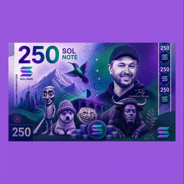 A purple-themed promotional image designed as a stylized 250 SOL NOTE banknote featuring Solana founder "Toly" (Anatoly Yakovenko) alongside meme elements including a doge, troll face, bull, and hummingbird, with repeated "250" denominations and the Solana logo. The meme-style artwork ties directly to the post's promotion of the $SOLNOTE token, using the banknote imagery to humorously emphasize the 250 SOL denomination as a key selling point.