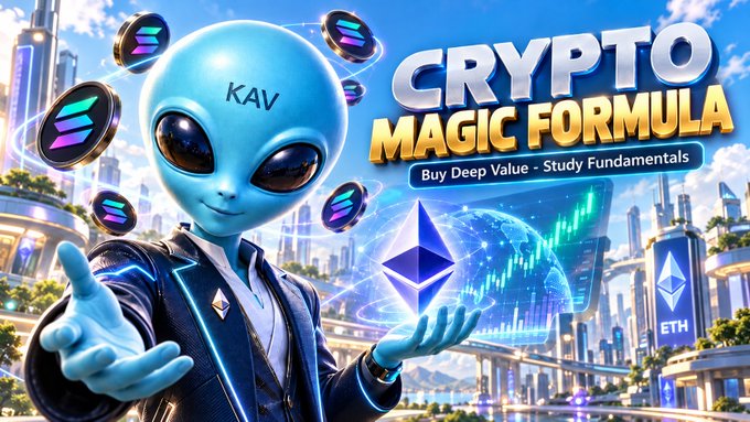 A promotional graphic for 'CRYPTO MAGIC FORMULA' featuring a blue alien labeled 'KAV', an Ethereum logo, a glowing globe with financial charts, and the text 'Buy Deep Value - Study Fundamentals'.