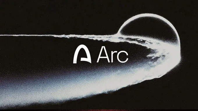 Logo for 'Arc' displayed in white text over a dark, grainy background depicting a glowing comet or celestial body with a trailing tail.