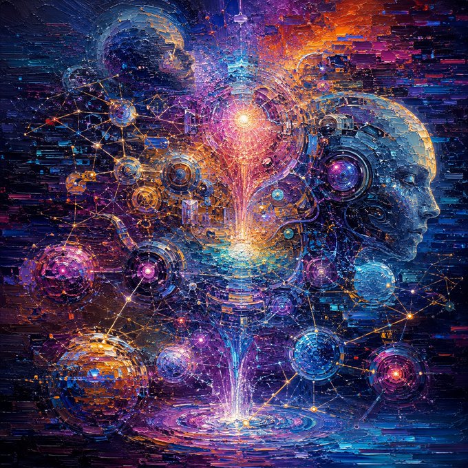 A vibrant cosmic digital artwork featuring a human profile silhouette merged with planets, neural networks, and luminous energy streams in purple, blue, and orange hues.