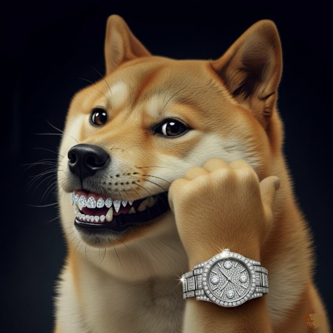 A digital artwork of a Shiba Inu dog wearing a diamond-encrusted watch and grillz, against a dark background.