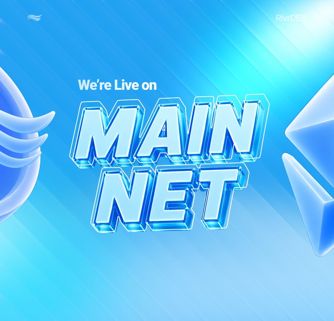 Promotional graphic with blue 3D text reading 'We're Live on MAIN NET', featuring the RivDEX logo in the top right corner.