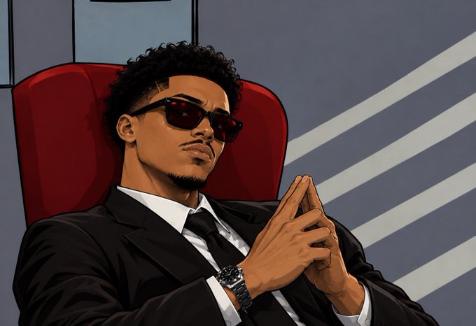 A stylized digital illustration of a man with curly hair and sunglasses wearing a black suit with a tie, sitting in a red chair with hands clasped together, wearing a silver wristwatch.