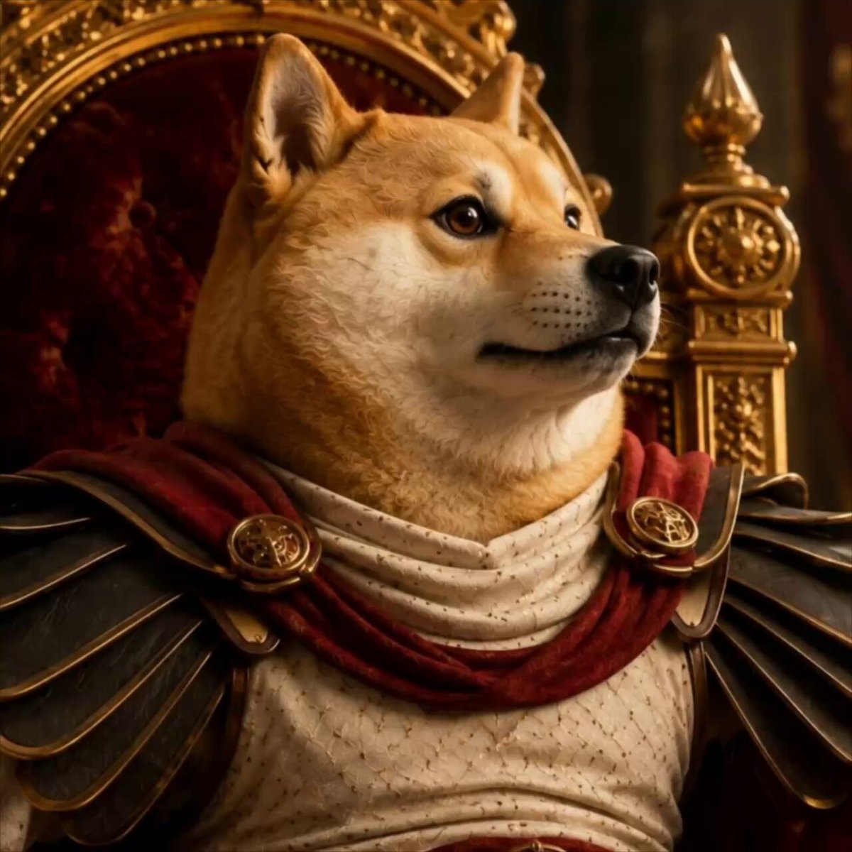 The image features a Shiba Inu dog dressed up as a Roman soldier, complete with a red cape and gold buttons. The dog's head is turned to the side, giving an impression of a regal stance or pose. The caption below the image reads "Gm @anoncoinit :ers and @dogecoin :ers Do Only Good Everyday - that is the motto!".