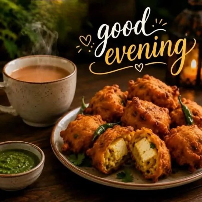 A warm, cozy food photograph showing a plate of golden fried fritters with green chutney and a steaming cup of chai, overlaid with decorative text reading 'good evening.'