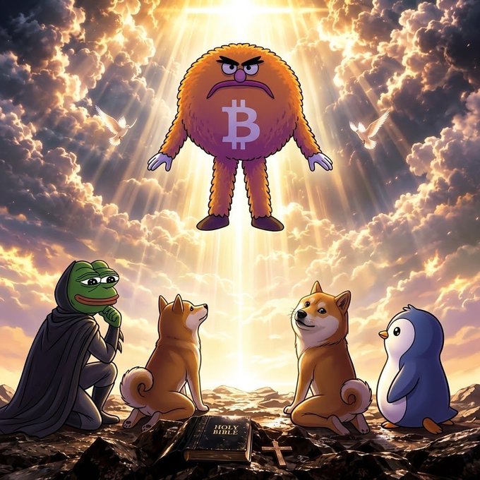A religious-style digital illustration depicting a furry orange Bitcoin mascot with an angry face floating in heavenly clouds above, while a hooded Pepe the Frog figure, two Shiba Inu dogs, and a penguin gather around an open 'HOLY BIBLE' below.