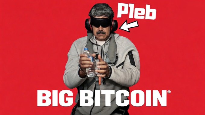 A man with a mustache wearing headphones and a blindfold holds a water bottle against a red background, with text labeling him as 'Pleb' and 'BIG BITCOIN' displayed prominently in white lettering.