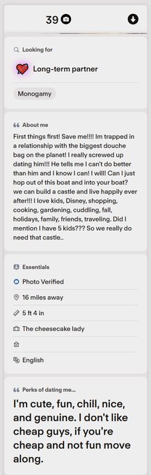 A screenshot of a dating app profile for a 39-year-old woman seeking a long-term monogamous partner, describing herself as a 'cheesecake lady' 16 miles away, with a bio about loving kids, Disney, shopping, and cooking.