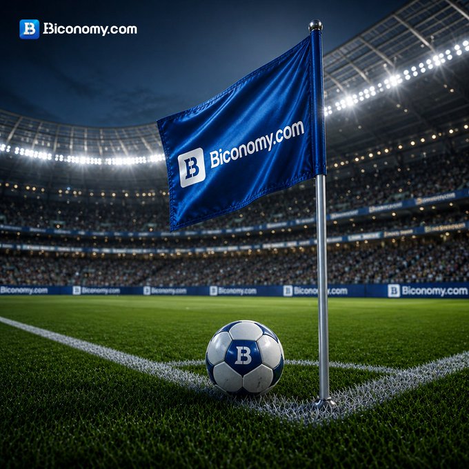 The image features a soccer ball sitting next to a blue flag with "Biconomy.com" written on it, which is located at the center of the picture. The background shows an empty stadium filled with people watching the game. The focus of the image is on the soccer ball and the flag, creating a sense of anticipation for the upcoming match or event.