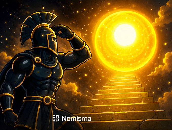The image features a man dressed as a Roman soldier standing at the top of a staircase with his hand raised above his head. The background depicts a bright yellow sun surrounded by clouds, creating an atmosphere reminiscent of a fantasy world or a digital illustration. The caption for this image reads "ANIMA" and it is related to the post about @NomismaNetwork's ecosystem, which discusses the future of AI in on-chain finance.