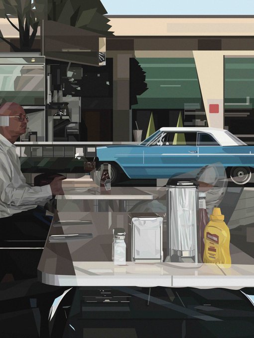 An artistic illustration shows an older bald man in a white shirt sitting at a diner table with condiments like ketchup and a napkin dispenser in the foreground, while outside the window a blue vintage car is parked under a green awning.