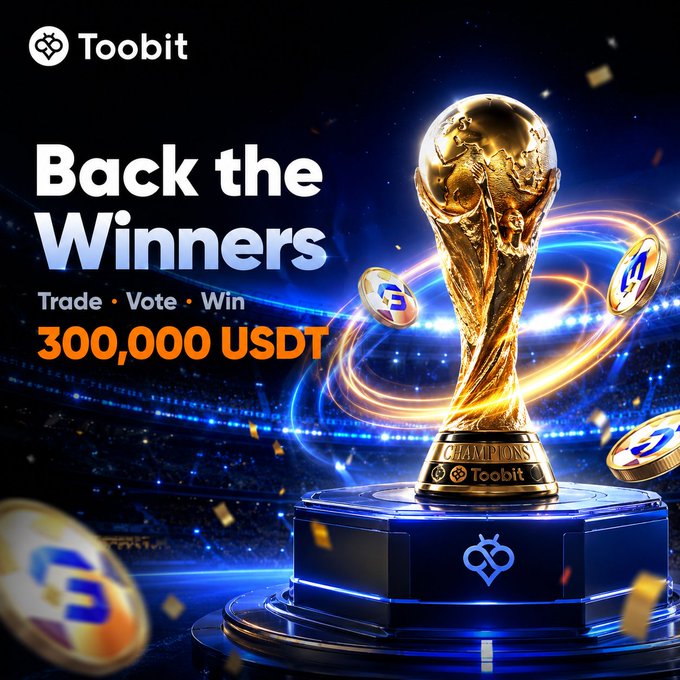 A promotional image for Toobit's "Back the Winners" campaign features a golden FIFA World Cup-style trophy engraved with "CHAMPIONS Toobit," set against a glowing blue stadium background with floating branded coins. The bold text reads "Trade • Vote • Win — 300,000 USDT," tying directly to the post's call to predict match outcomes and claim a share of the 300,000 USDT prize pool.