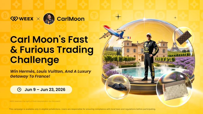 The image features a poster for an event called "Carl Moon's Fast & Furious Trading Challenge" that takes place at the Le Mans auto show in France, which is scheduled for Saturday, June 23rd, 2016. The poster includes a photo of a man standing on a platform with a gold ball and a castle backdrop, along with a list of prizes available to enter the challenge. The event is being sponsored by Louis Vuitton and offers luxury rewards as part of the registration process.