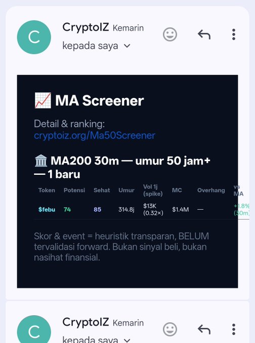 A screenshot of an email from 'CryptoIZ' displaying an 'MA Screener' dashboard with crypto token metrics including $febu with details like Potensi 74, Sehat 85, Umur 314.8j, and Vol $13K.