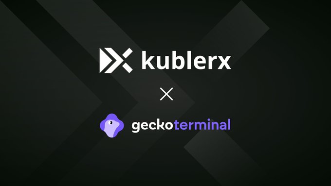 A partnership announcement graphic showing the kublerx logo (X) geckoterminal logo on a dark background with geometric patterns.