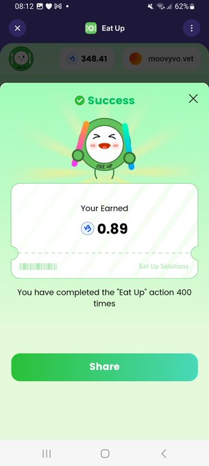 A mobile app screenshot titled "Eat Up" showing a success notification with a smiling green mascot, indicating the user earned 0.89 and has completed the 'Eat Up' action 400 times.