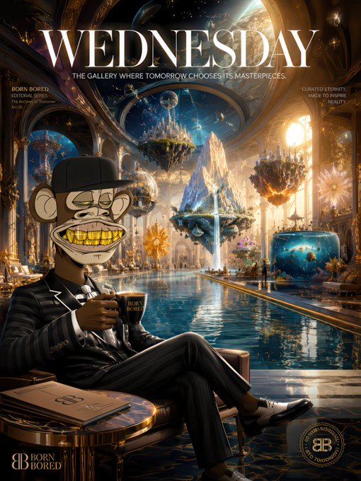 A Bored Ape NFT character in a pinstripe suit sits beside an indoor pool in an opulent futuristic gallery under the title 'WEDNESDAY - THE GALLERY WHERE TOMORROW CHOOSES ITS MASTERPIECES,' with branding for 'BORN BORED LEGENDARY WORLD' and 'BB'.