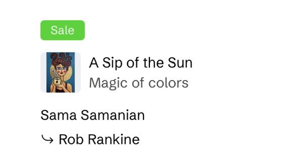 A Spotify promotional image displays a "Sale" badge alongside artwork for "A Sip of the Sun - Magic of colors," an album by Sama Samanian with artwork credited to Rob Rankine. The "Sale" tag and price reduction aligns with the post's celebration of the edition being sold and collected by Rob Rankine, marked with "#AEW" to mark the milestone.