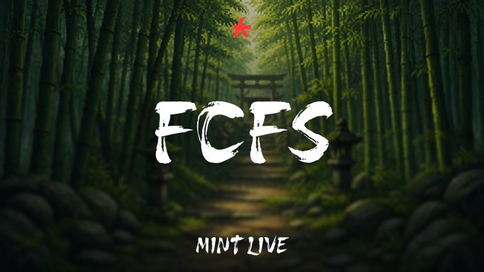 A bamboo forest path with a torii gate is shown as a backdrop, with "FCFS MINT LIVE" prominently displayed in white text and a red star above, matching the post's announcement that the FCFS phase is live with minting available via OpenSea.