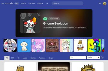 A screenshot of the xrp.cafe NFT marketplace showing a 'Gnome Evolution' booster, with a navigation menu including 'NFT', 'ASSETS', 'CULTURE', and 'CREATE'.