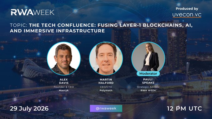 Promotional graphic for RWA Week featuring speakers Alex Davis (Founder & CEO, Mavryk), Martin Halford (CEO/CTO, Polymath), and Moderator Pauli Speaks (Strategic Advisor, RWA Week) on the topic 'The Tech Confluence: Fusing Layer-1 Blockchains, AI, and Immersive Infrastructure,' scheduled for 29 July 2026 at 12 PM UTC, produced by uvecon.vc.