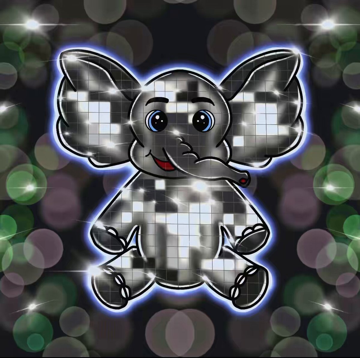 The image features a cartoon elephant sitting next to a green background with white circles, giving off a disco ball effect. The elephant appears to be smiling and has its trunk raised up. The caption of the image reads "Good night Baby Elephants are partying tonight Would u like to join the party #stylishbabyelephants".