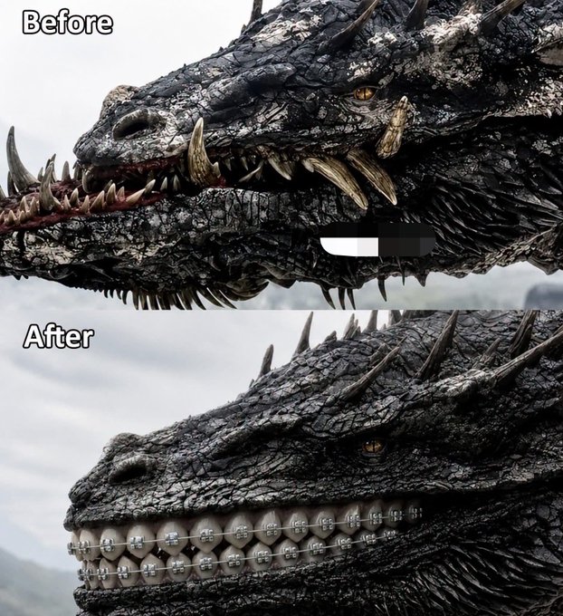 A 'Before' and 'After' comparison showing a dragon's head; the original has natural teeth while the modified version has metal braces attached to its teeth.