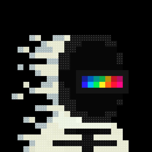 A pixelated graphic showing a gray figure with a speech bubble containing colored squares in blue, green, yellow, orange, red, and pink.