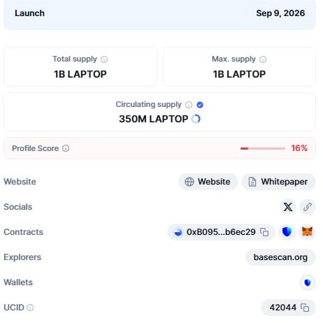 A token information page lists a launch date of Sep 9, 2026, total and maximum supply of 1B LAPTOP, and circulating supply of 350M LAPTOP. It shows a 16% profile score, contract addresses, BaseScan, and a WalletConnect icon.