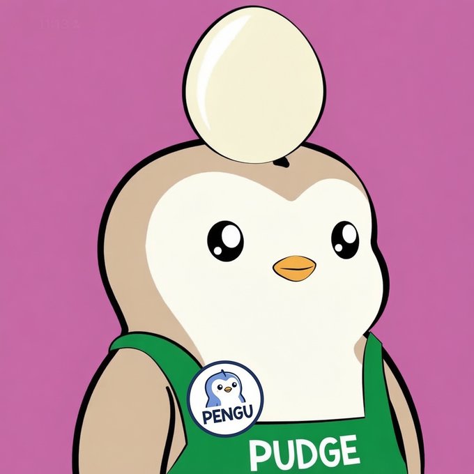 An illustration of a cartoon penguin character named PUDGE wearing a green outfit with a PENGU badge, set against a pink background.