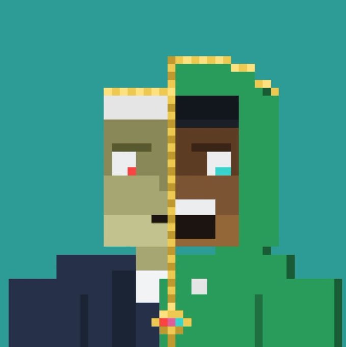 A pixel art illustration of two Minecraft-style zombie/illager characters, one with a green hood and the other tan-skinned, against a teal background.