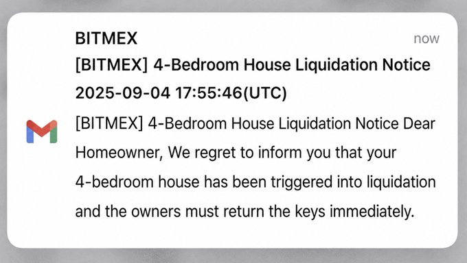 The image shows an email from Bitmex (4-bedroom house liquidation notice) with a message about a home buyer who has received a 4-bedroom house as their new residence, which was purchased using Bitcoin. The email also mentions that Joe and Amy are living in Michigan and bought the house using their bitcoin wallet for a Fannie Mae mortgage.