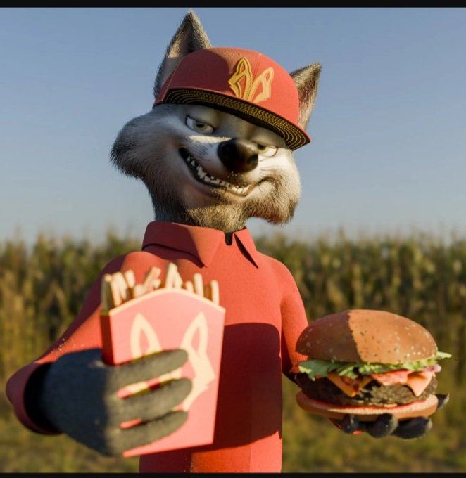 An AI-generated or rendered image of an anthropomorphic wolf mascot in a red McDonald's-style uniform holding a burger and fries container in a cornfield.