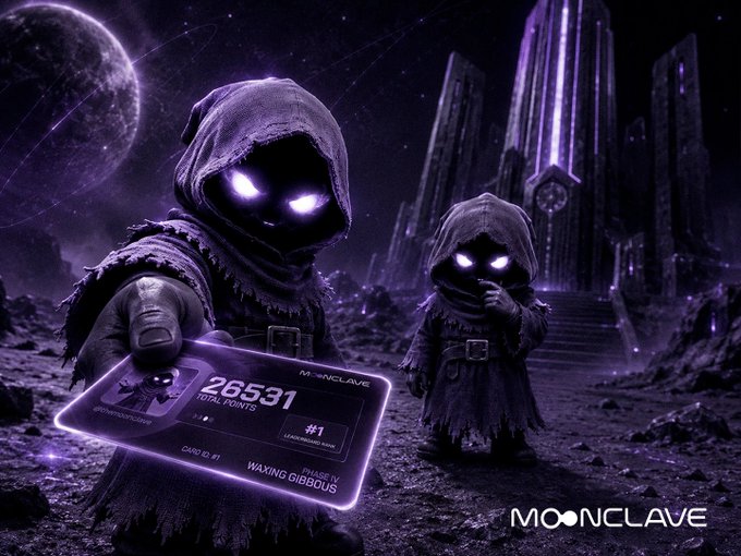 Two hooded figures with glowing purple eyes stand in a dark, otherworldly landscape with a gothic castle, while the larger one holds up a 'MOONCLAVE' card showing '26531 TOTAL POINTS' and 'LEADERBOARD RANK #1'.